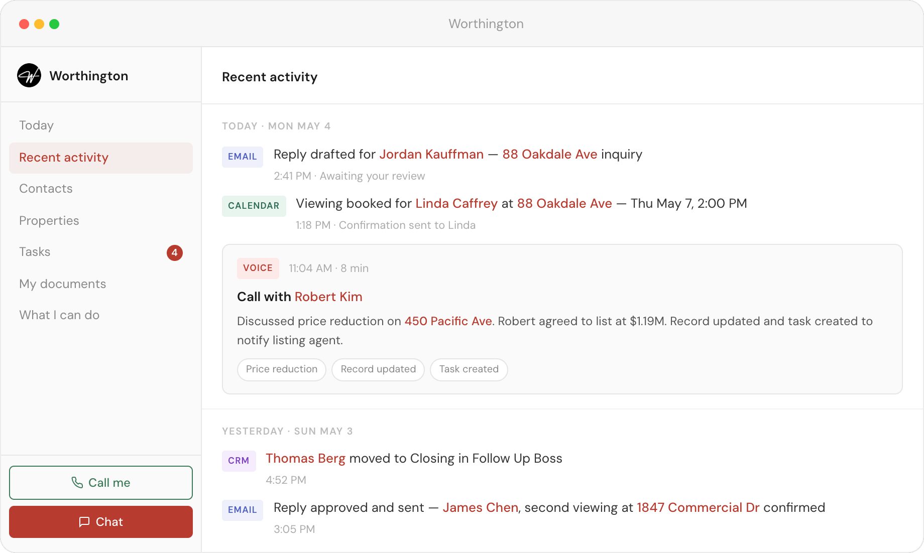 Worthington app recent activity — email drafted, viewing booked, call with Robert Kim summarised
