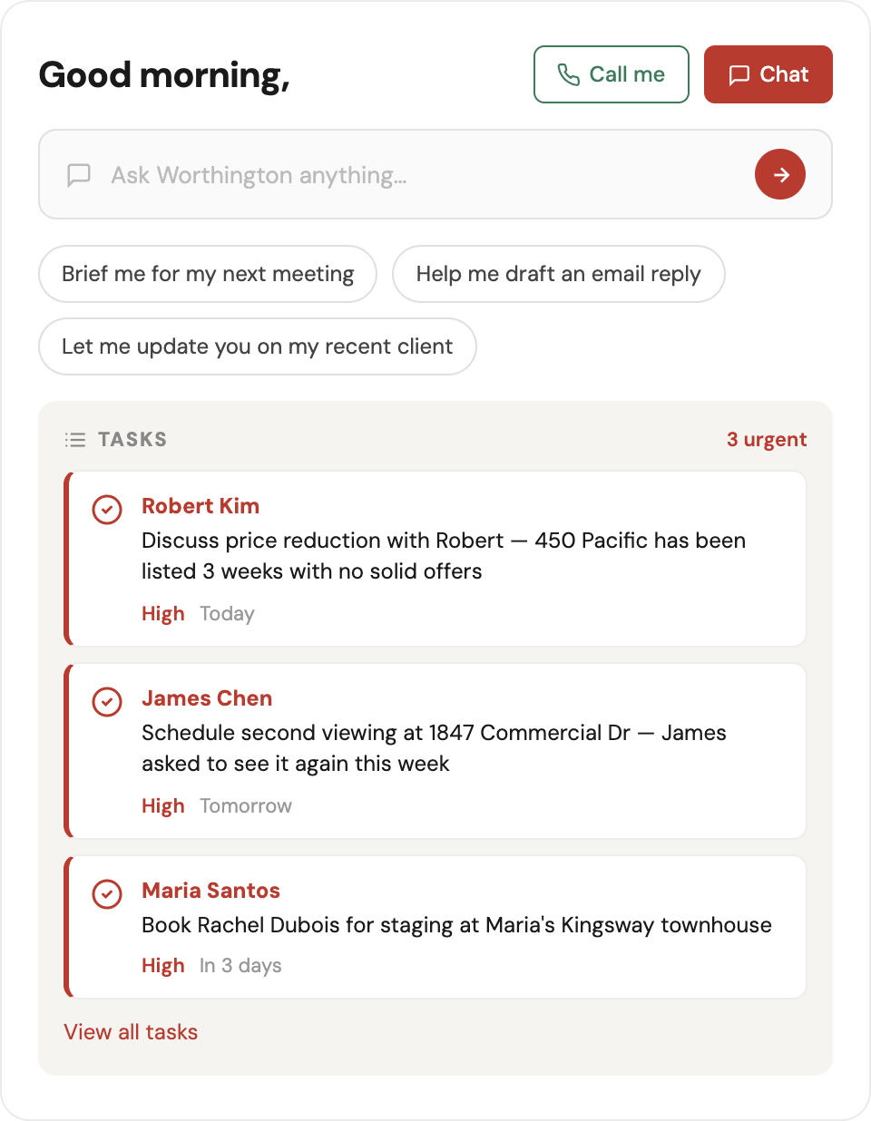 Worthington app — task list with urgent follow-ups for Robert Kim, James Chen, and Maria Santos
