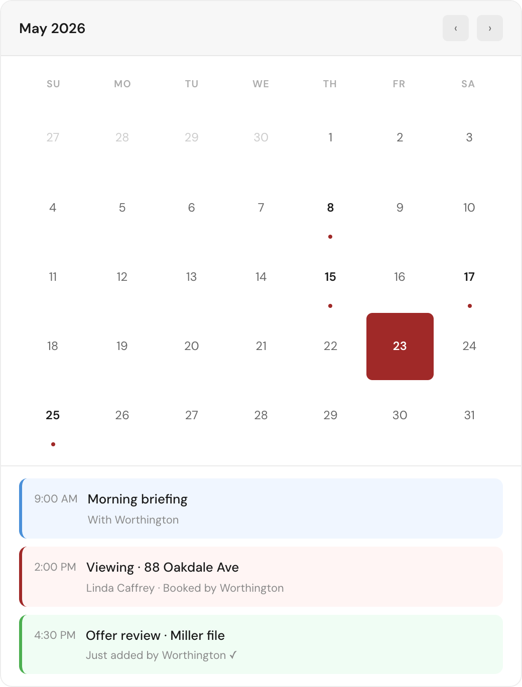 Worthington schedules a viewing on the calendar — new event added for Linda Caffrey