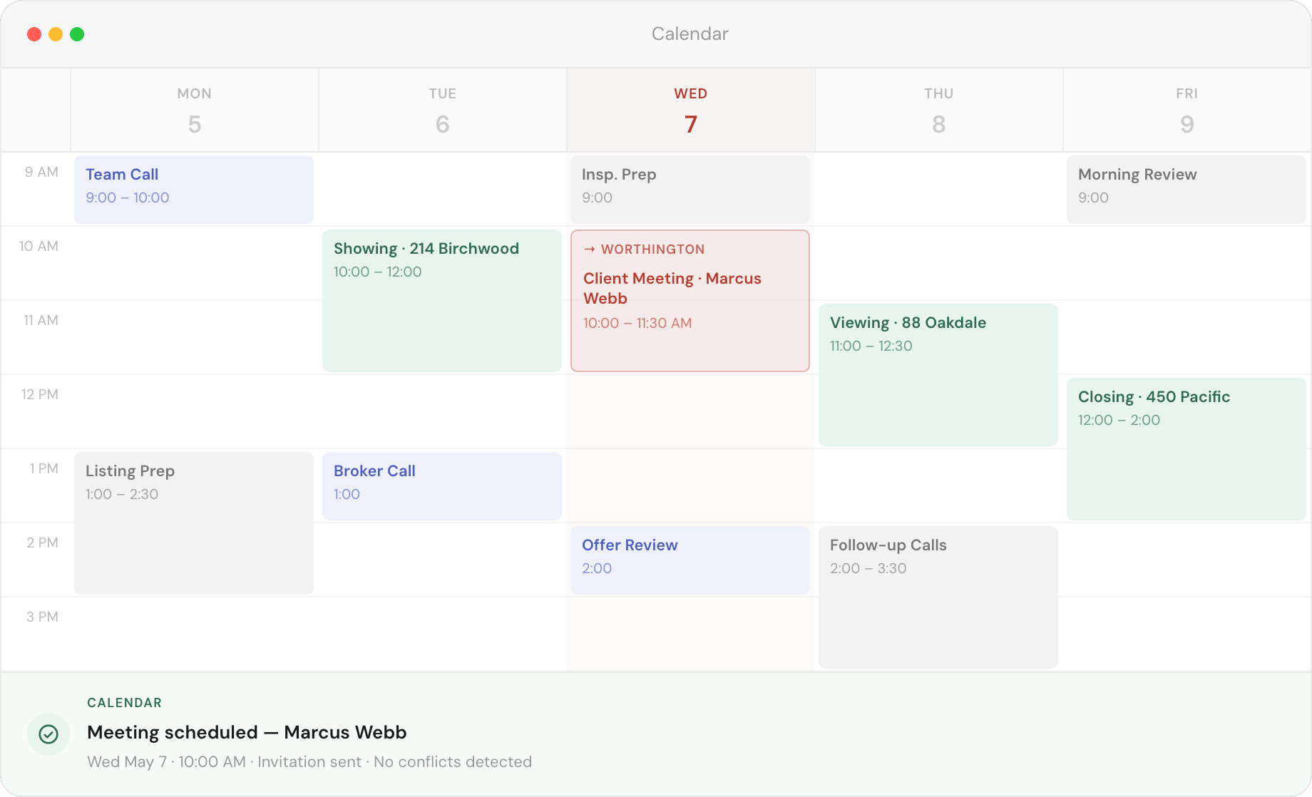 Worthington calendar — weekly view with new client meeting added for Marcus Webb