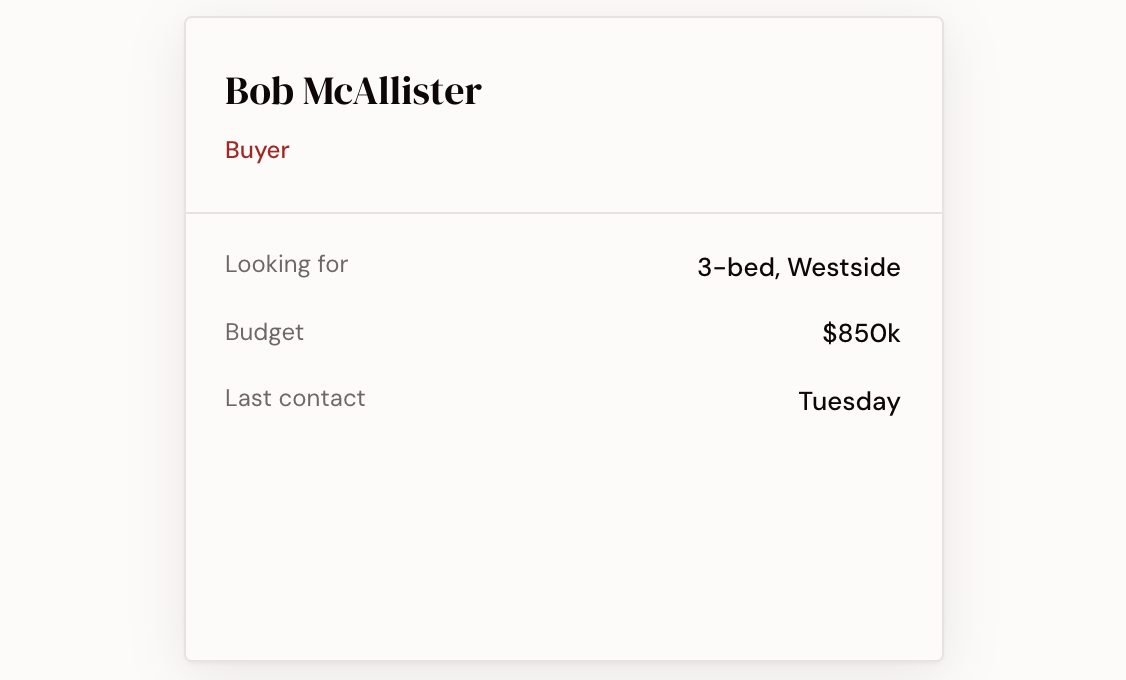 Worthington client record for Bob McAllister — buyer profile with preferences and status