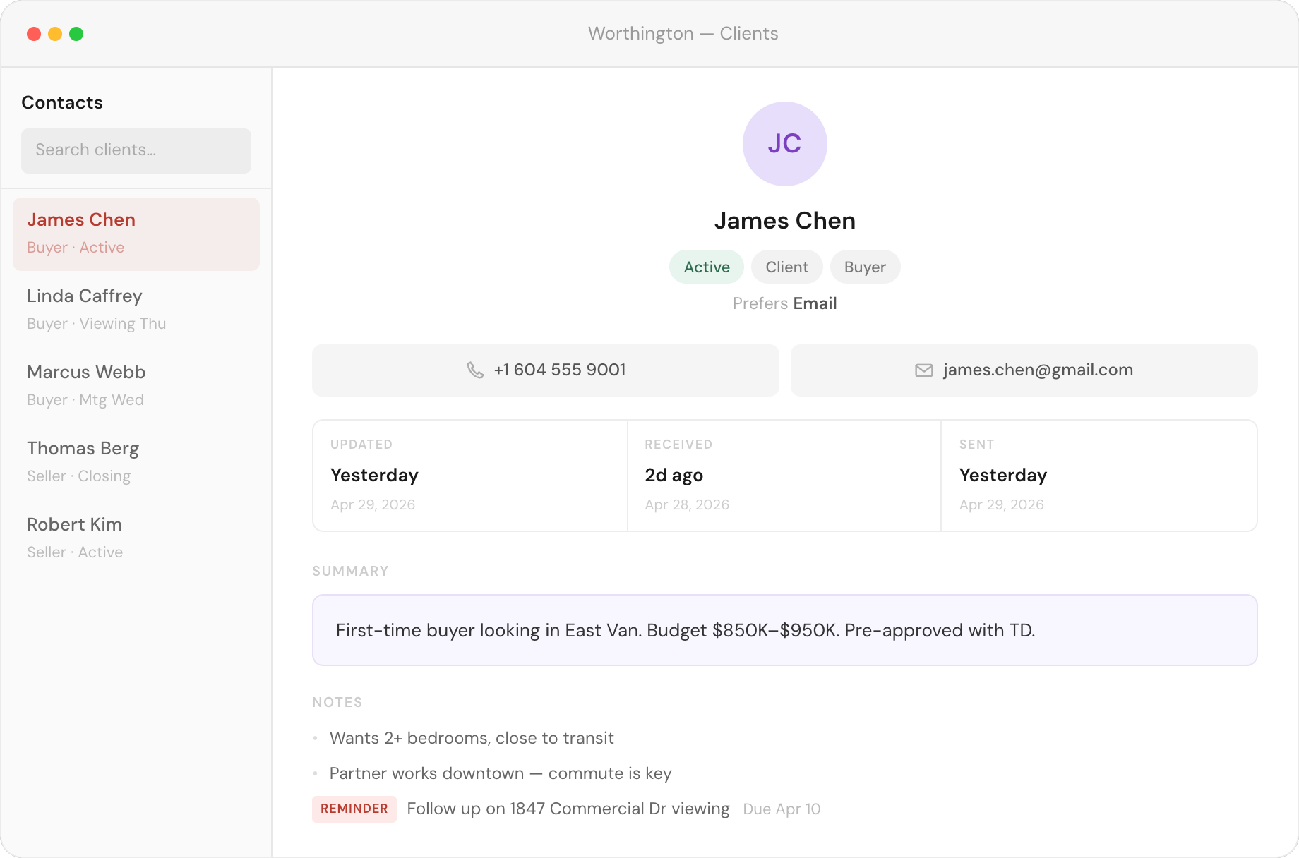 Worthington client records — James Chen profile with notes, preferences, and follow-up reminder