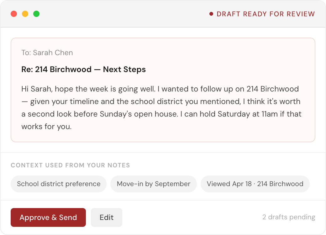 Draft ready for review — Worthington prepared a personalised follow-up for Sarah Chen