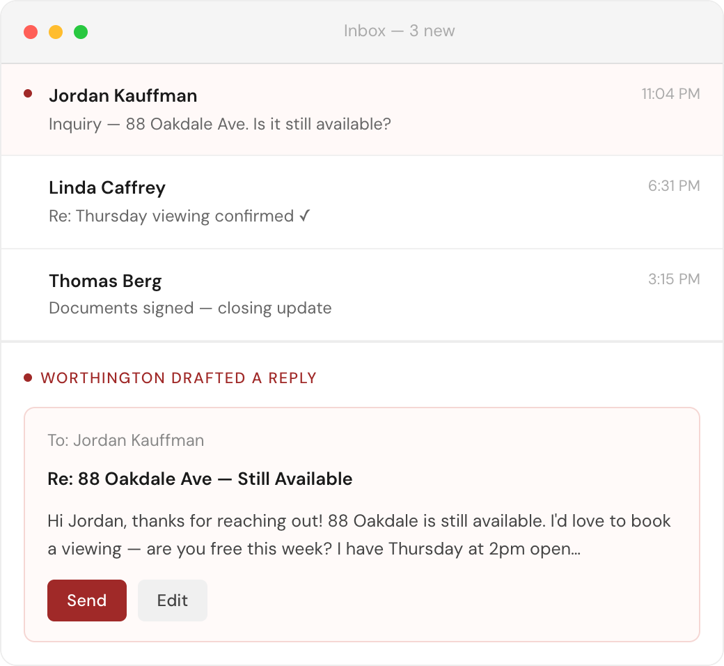 Worthington drafts an email reply to a new lead — inbox with draft ready for review