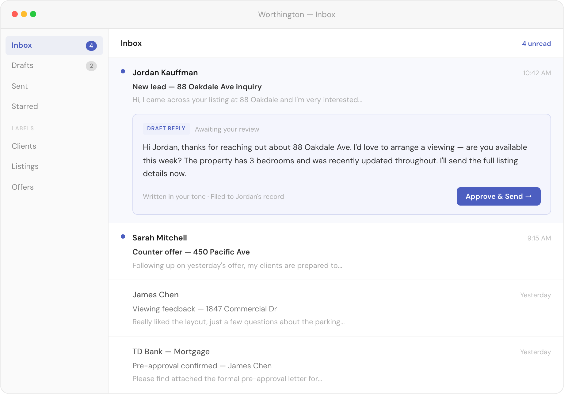 Worthington inbox — new lead email selected with draft reply ready for approval