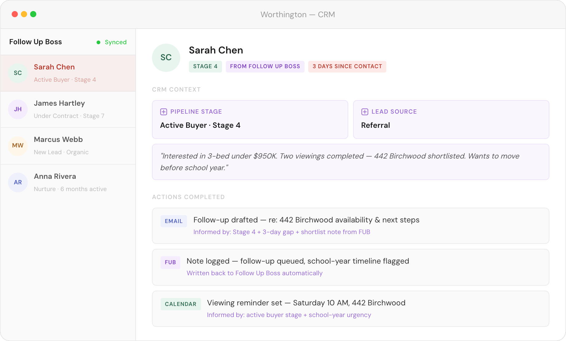 Worthington using Follow Up Boss data to brief a client and execute actions