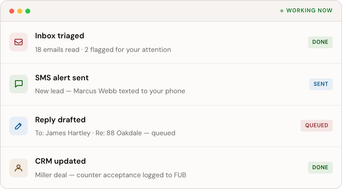 Worthington working in the background — inbox triage, SMS alert, draft queued, CRM updated