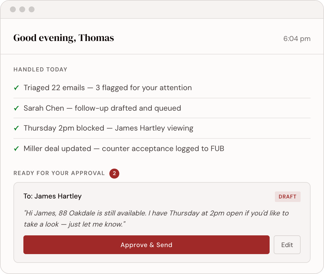 Worthington app end-of-day review — tasks handled and drafts ready for approval