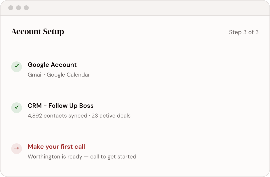 Worthington account setup — connections confirmed