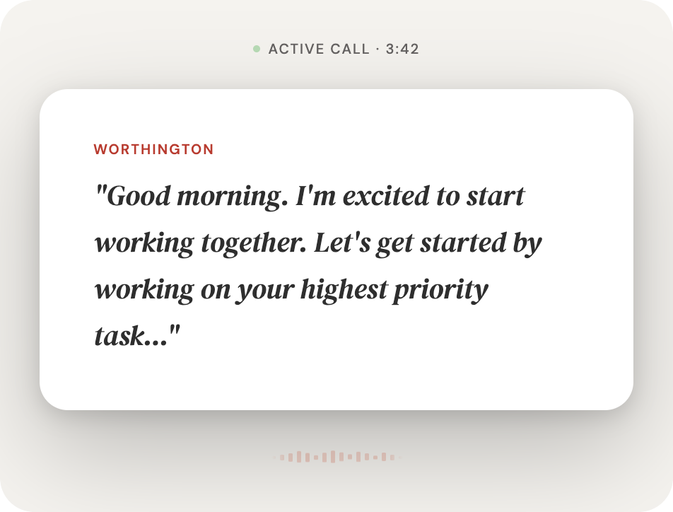 Worthington first call greeting — active call, Worthington introducing himself