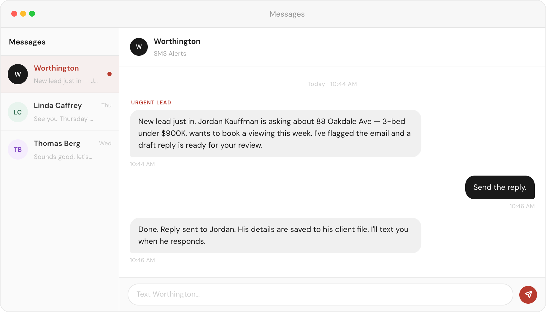Worthington SMS alert thread — urgent lead notification for Jordan Kauffman with draft reply sent
