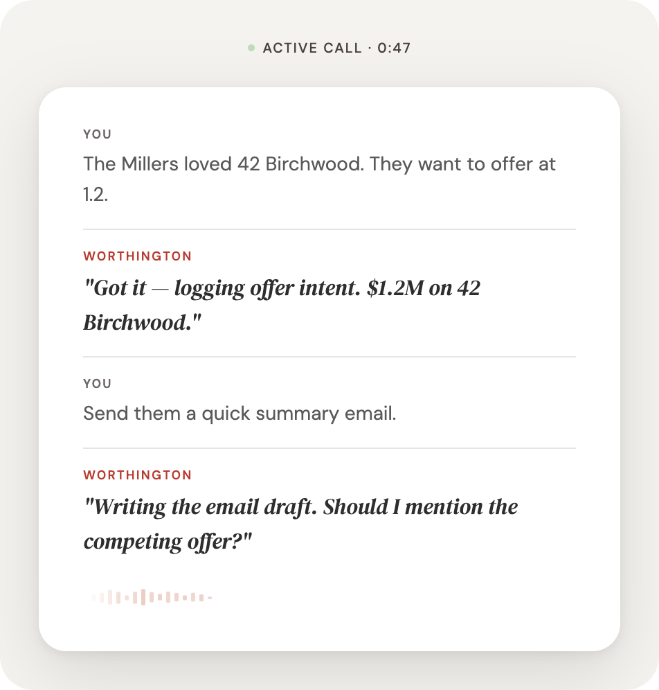 Active call with Worthington — discussing the Miller offer on 42 Birchwood