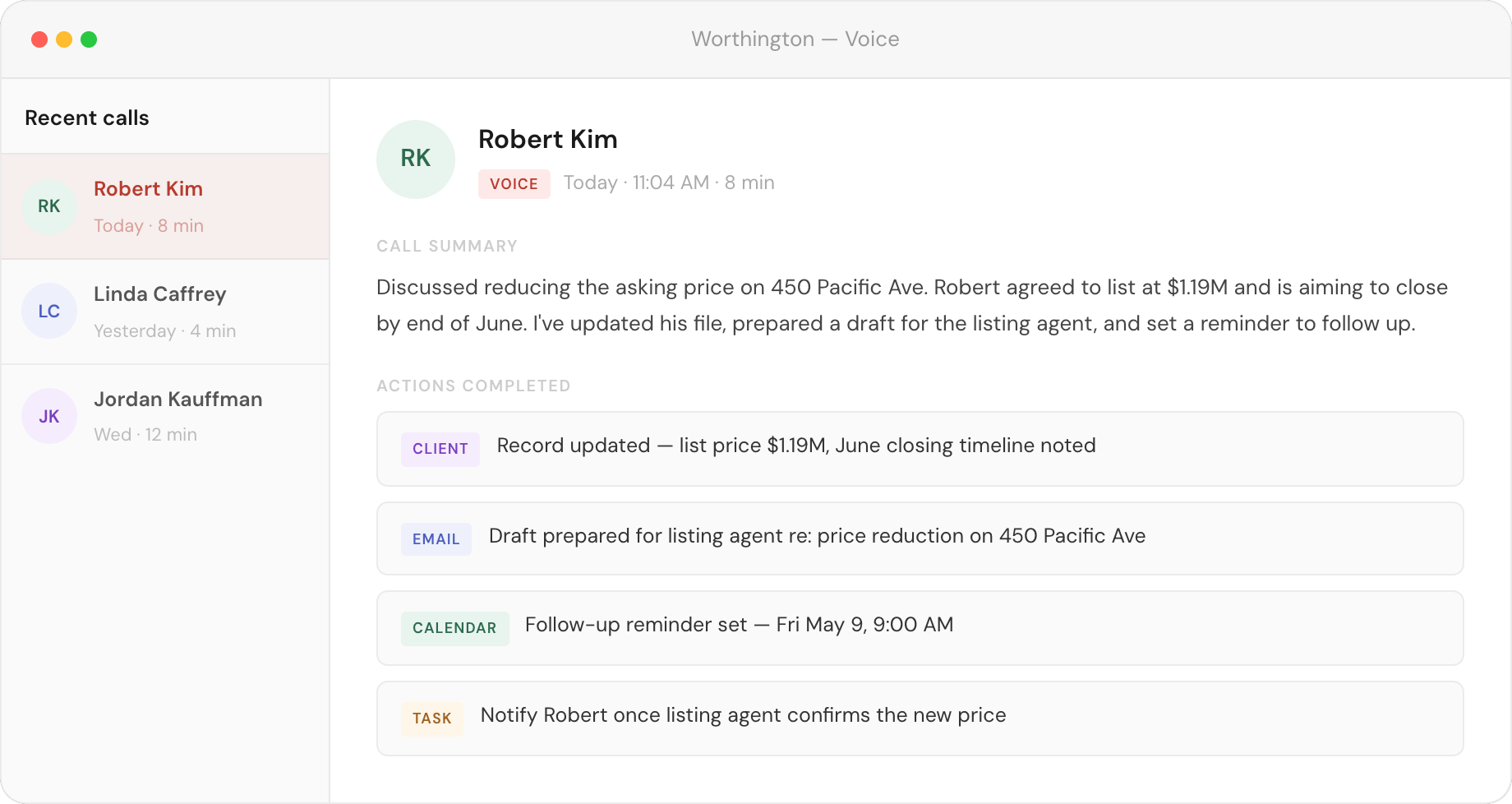 Worthington voice — post-call summary for Robert Kim with actions completed